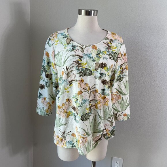 CHICOS Womens Large Catus Floral Print 3/4 Sleeve Scoop Neck Top Shirt - Picture 1 of 10